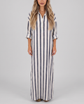 Blue and off-white striped cotton long shirt dress with V-neck and roll-up sleeves, front view