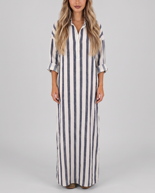 Blue and off-white striped cotton long shirt dress with V-neck and roll-up sleeves, front view