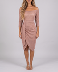 Champagne shimmer off-shoulder wrap midi dress with ruched drape, front view