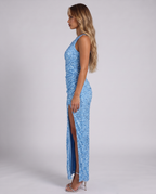 Sky blue sequin one-shoulder maxi dress, side view showing the high slit