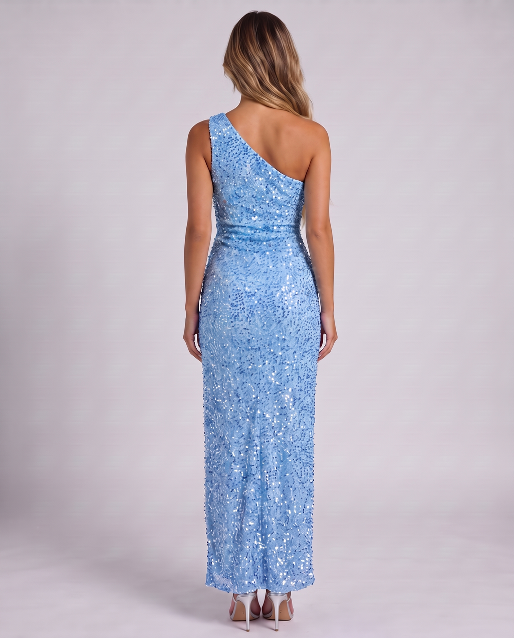Sky blue sequin one-shoulder maxi dress, back view