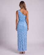 Sky blue sequin one-shoulder maxi dress, back view