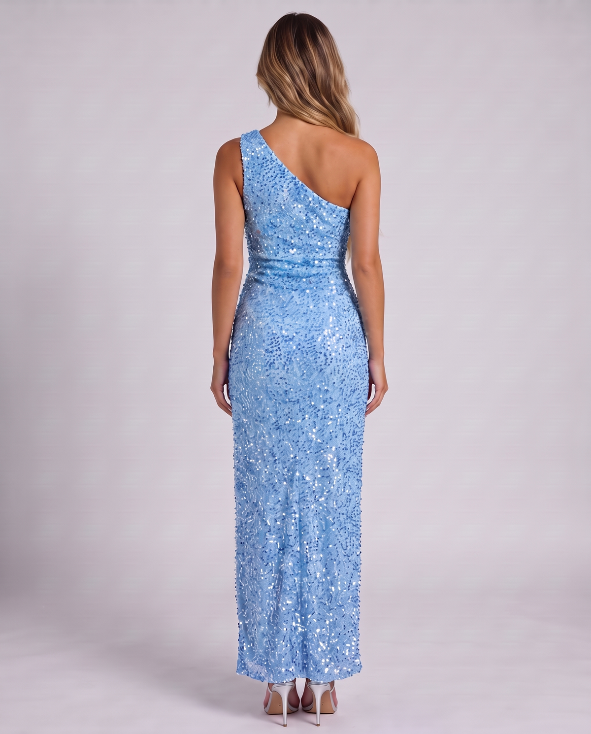 Sky blue sequin one-shoulder maxi dress, back view