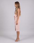 Blush pink sequin cocktail dress, side view