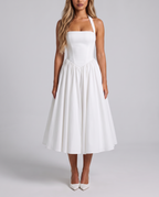 White square-neck halter fit and flare midi dress, front view