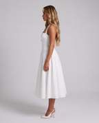 White square-neck halter fit and flare midi dress, side view