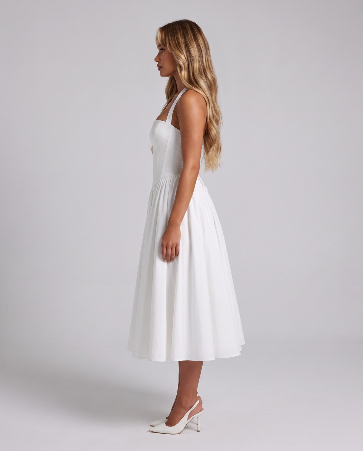 White square-neck halter fit and flare midi dress, side view