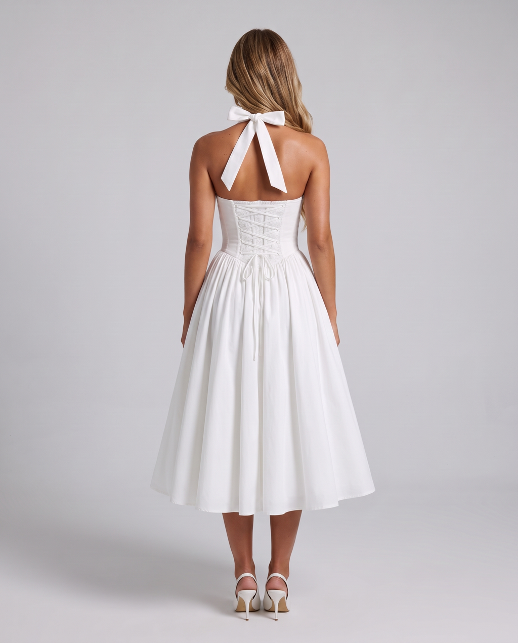 White square-neck halter fit and flare midi dress, back view
