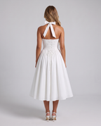 White square-neck halter fit and flare midi dress, back view
