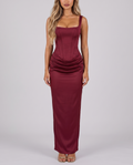 Wine red satin corset maxi dress with lace-up back, front view