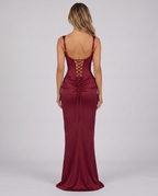Wine red satin corset maxi dress with lace-up back, back view