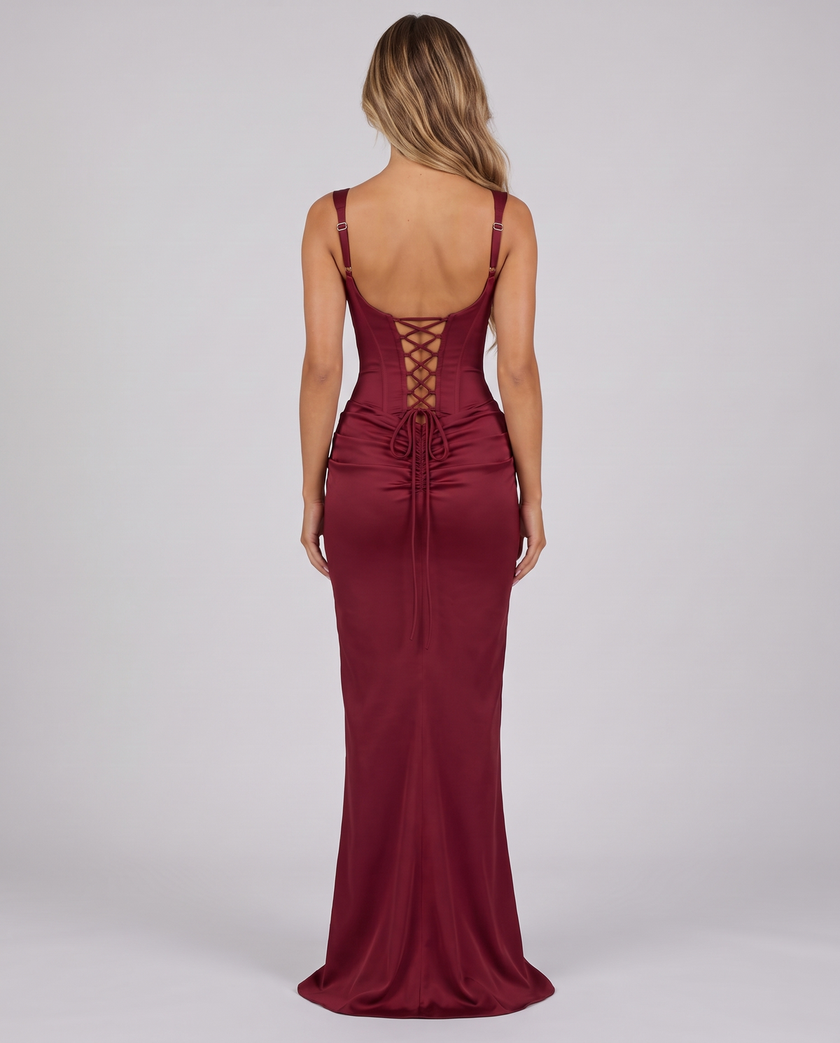 Wine red satin corset maxi dress with lace-up back, back view