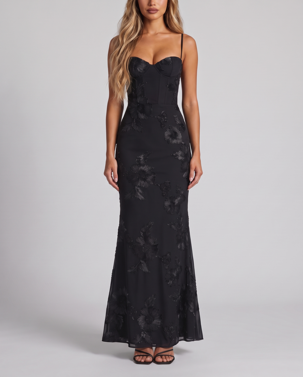 Black floral embroidered corset maxi dress with open back, front view