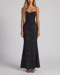 Black floral embroidered corset maxi dress with open back, front view