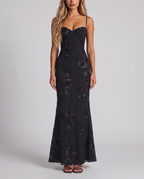 Black floral embroidered corset maxi dress with open back, front view