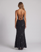 Black floral embroidered corset maxi dress with open back, back view