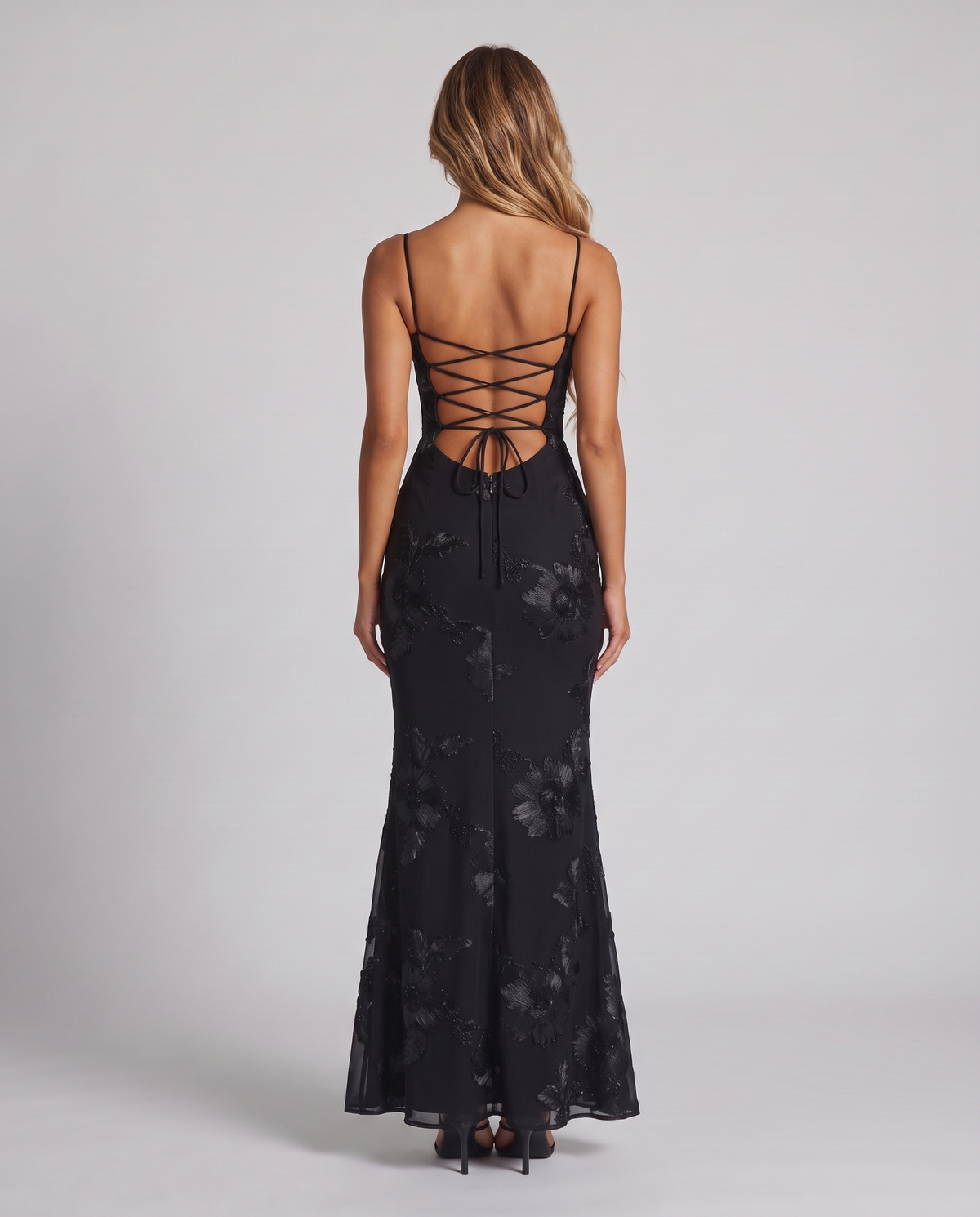 Black floral embroidered corset maxi dress with open back, back view