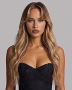 Black floral embroidered corset maxi dress, close-up of the corset bodice