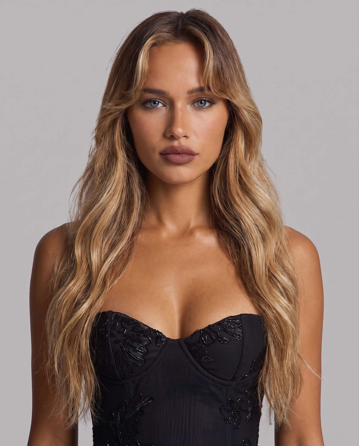 Black floral embroidered corset maxi dress, close-up of the corset bodice