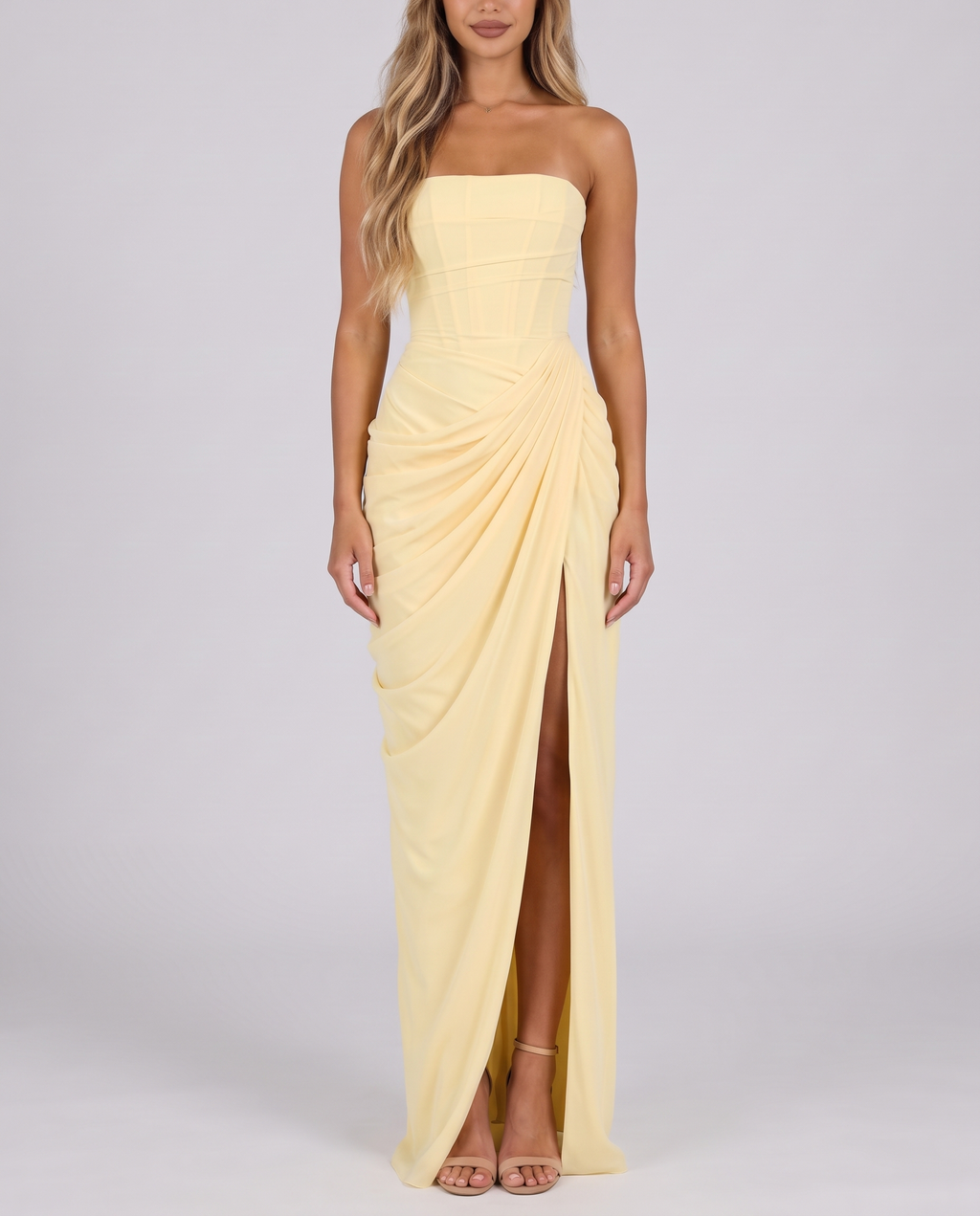 Lemon strapless ruched maxi dress with high slit, front view
