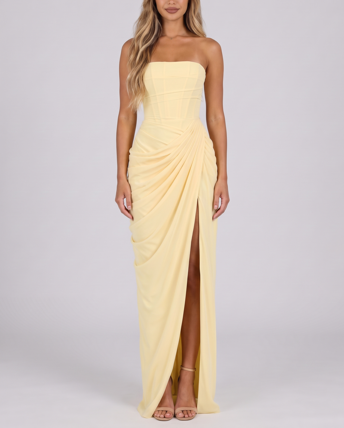 Lemon strapless ruched maxi dress with high slit, front view