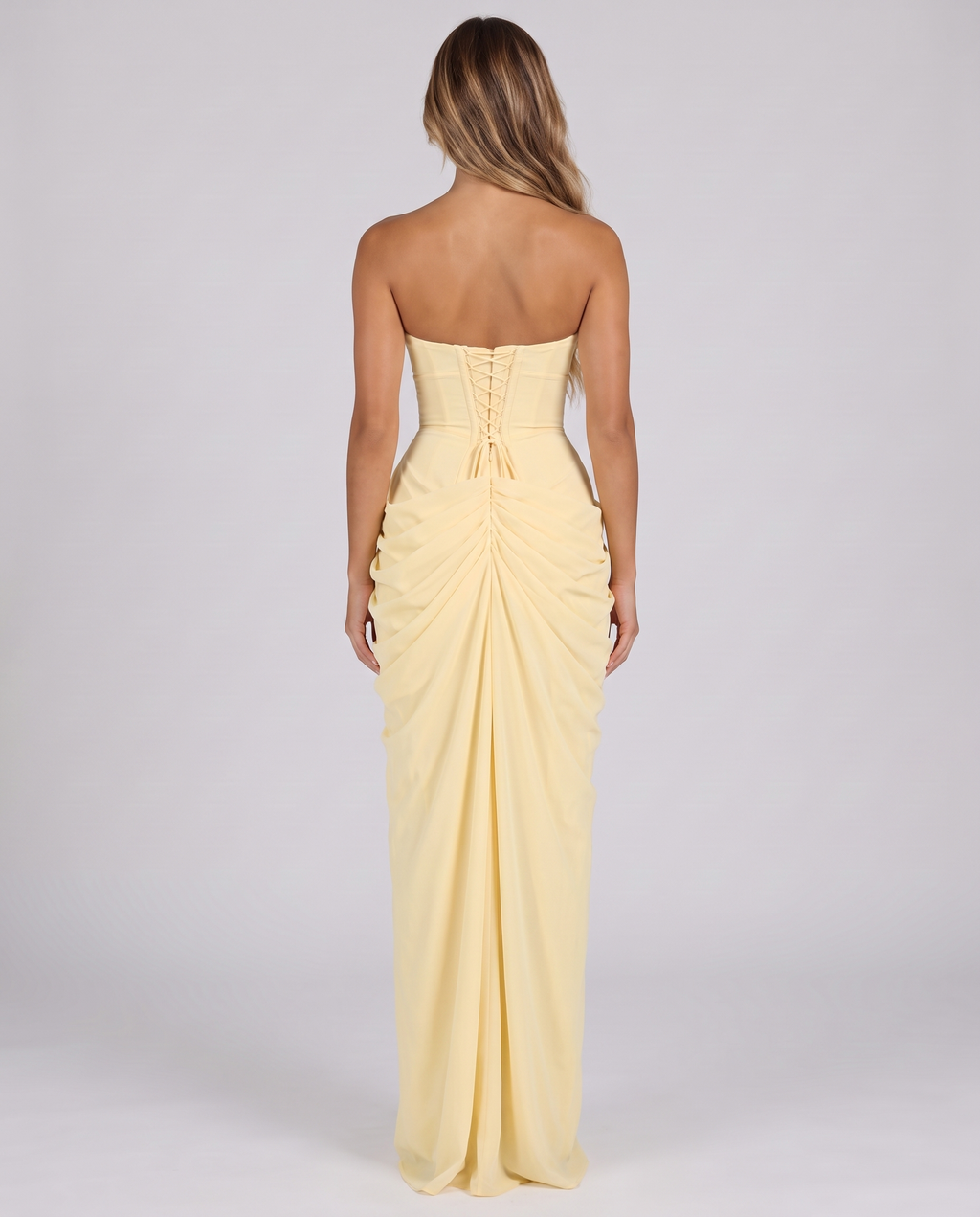 Lemon strapless ruched maxi dress with lace-up corset back, back view
