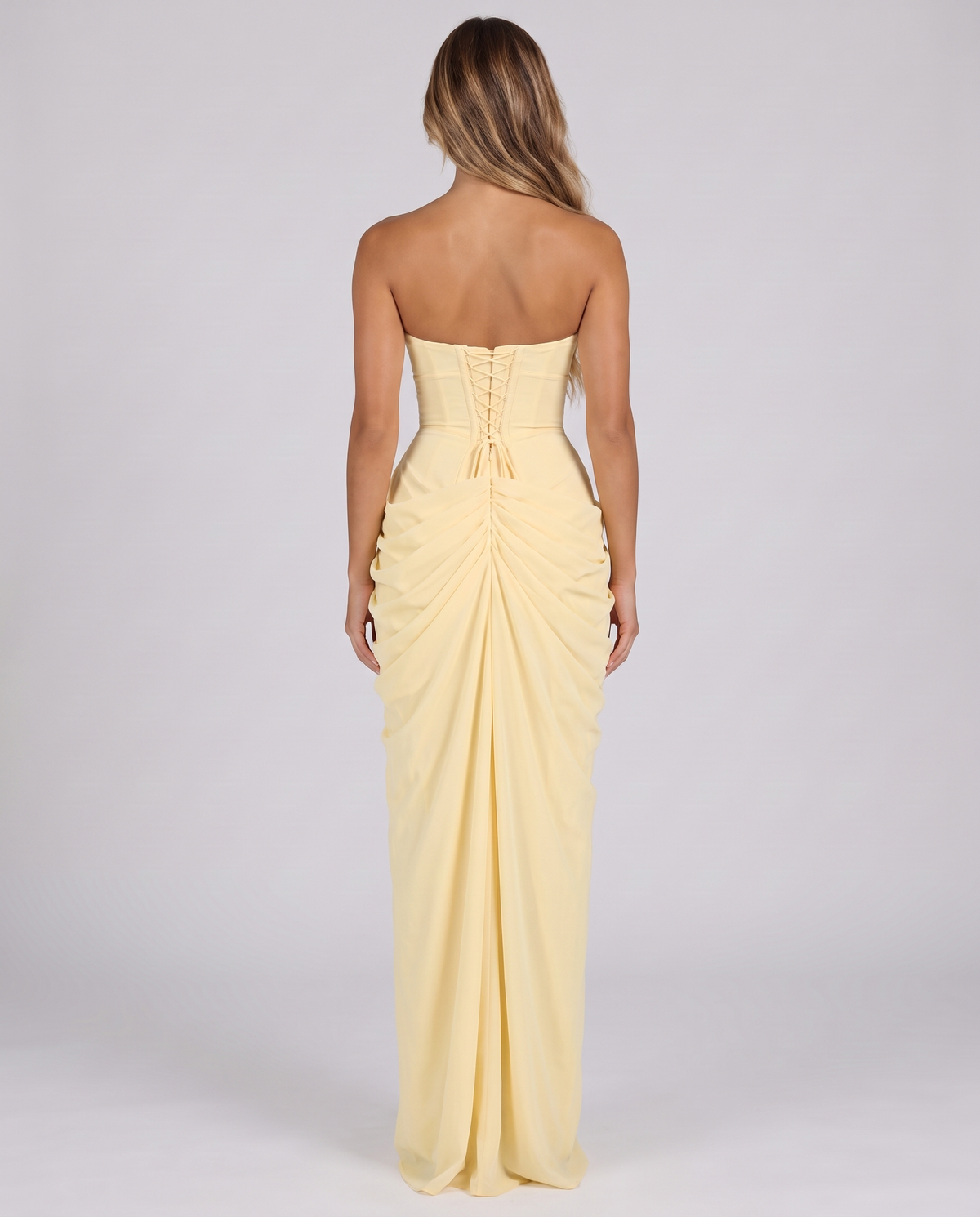Lemon strapless ruched maxi dress with lace-up corset back, back view