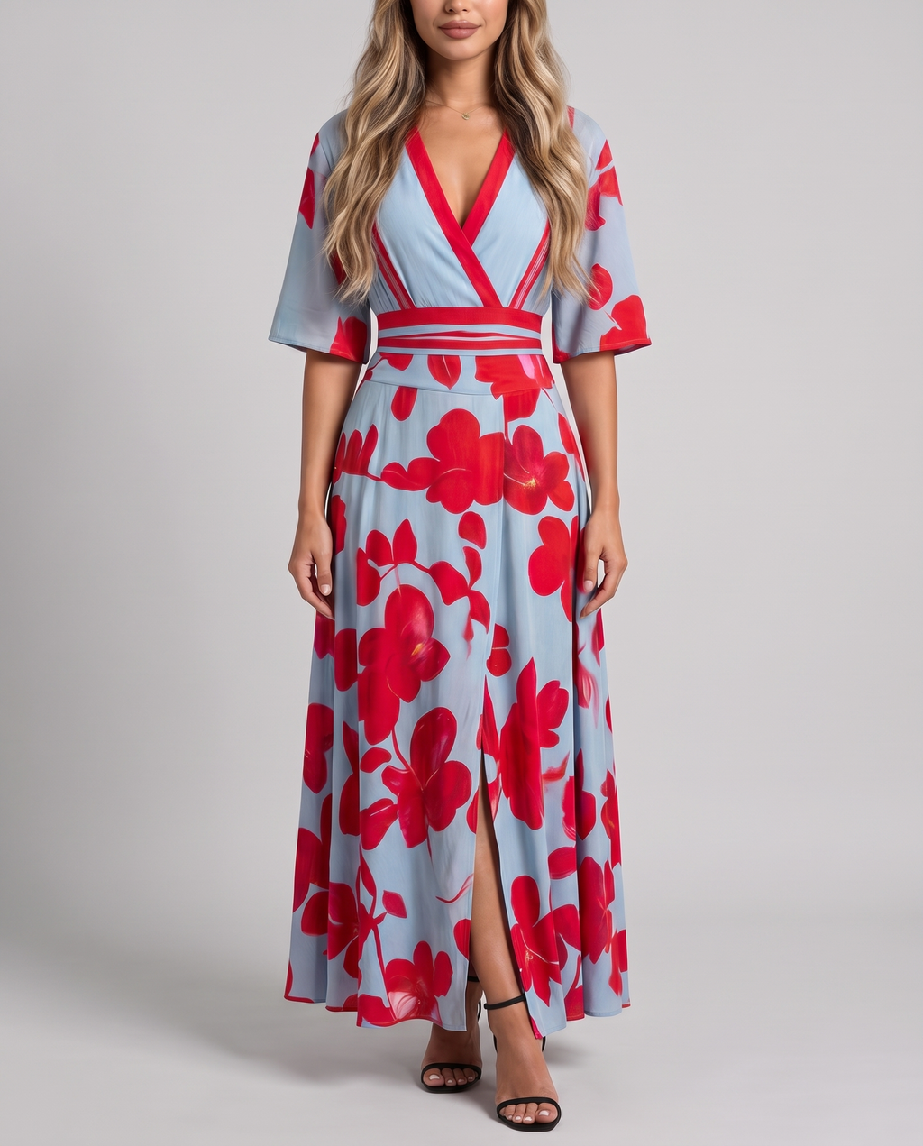 Light blue maxi dress with red floral print, red-trimmed V-neckline, flared half sleeves and striped waistband, front view