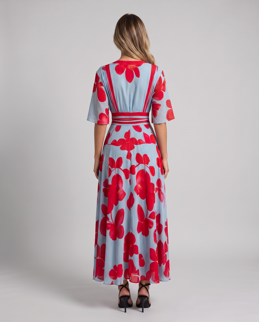 Light blue and red floral maxi dress, back view showing the V-back with red trim