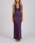 Plum purple satin halter maxi dress with open back, front view