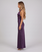 Plum purple satin halter maxi dress with open back, side view