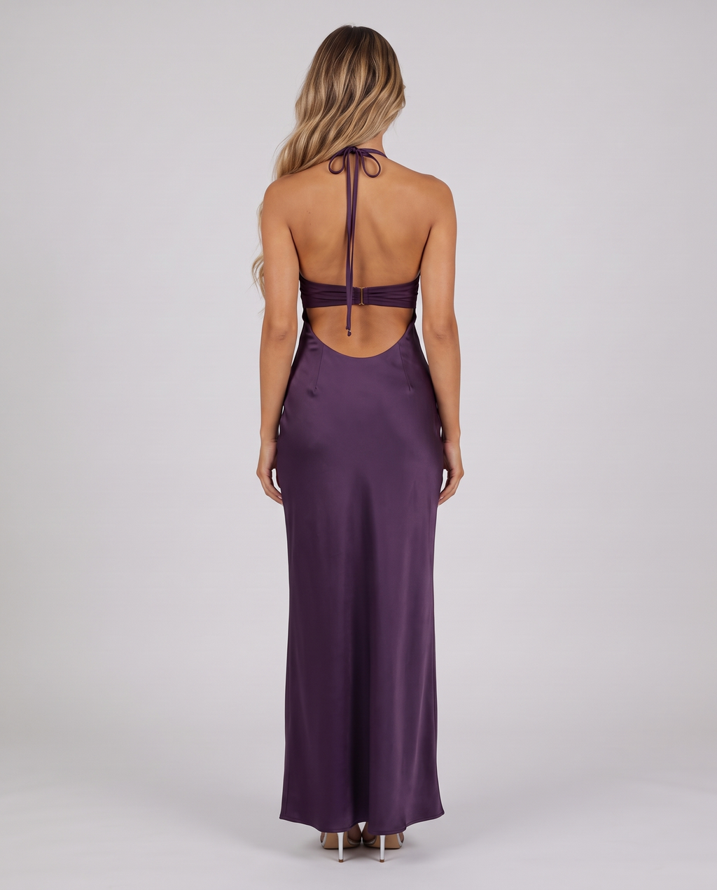 Plum purple satin halter maxi dress with open back, back view