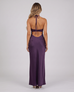 Plum purple satin halter maxi dress with open back, back view