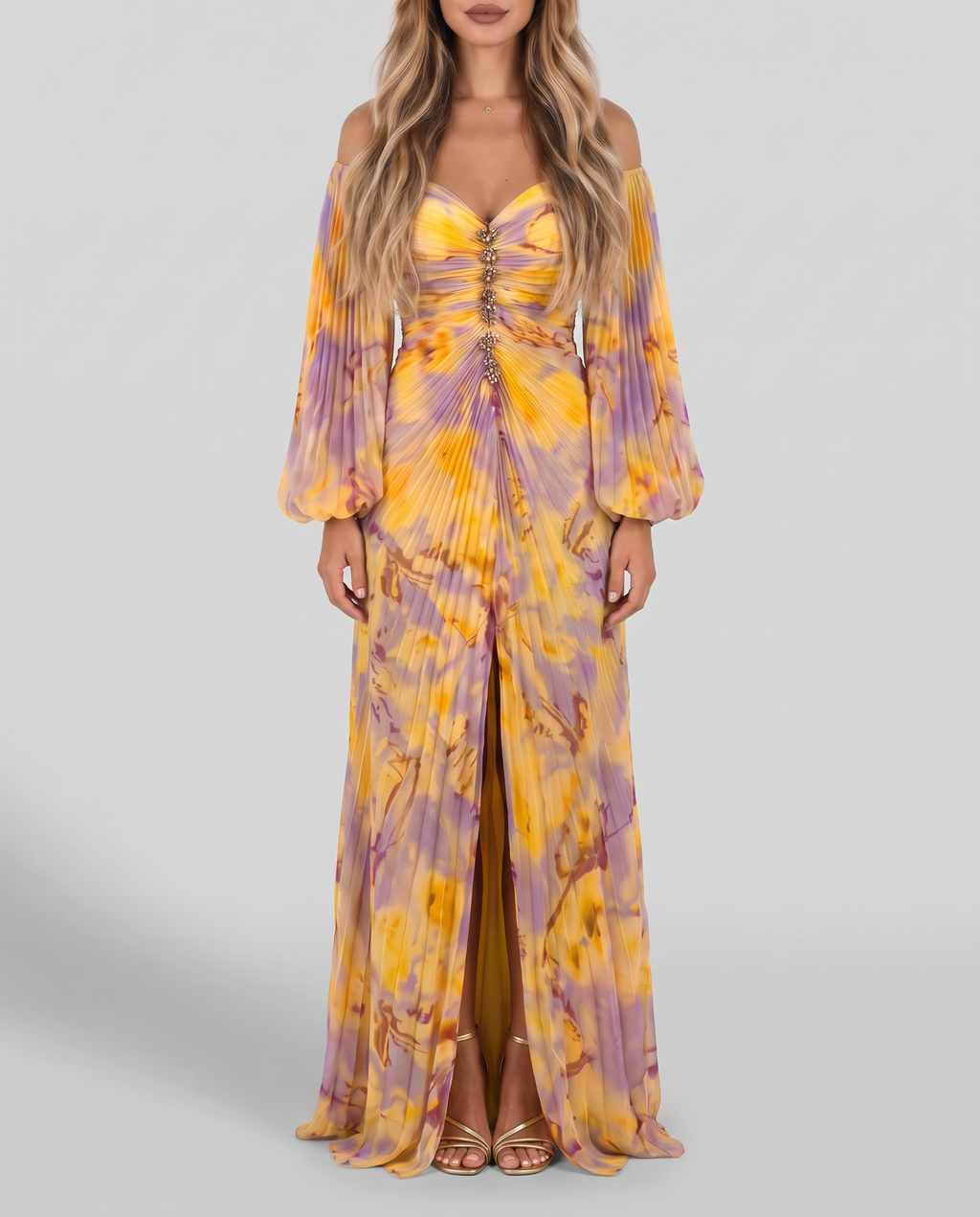 Yellow and lilac floral pleated off-shoulder maxi evening gown with balloon sleeves and jewelled bodice, front view