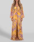 Yellow and lilac floral pleated off-shoulder maxi evening gown with balloon sleeves and jewelled bodice, front view