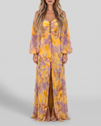 Yellow and lilac floral pleated off-shoulder maxi evening gown with balloon sleeves and jewelled bodice, front view
