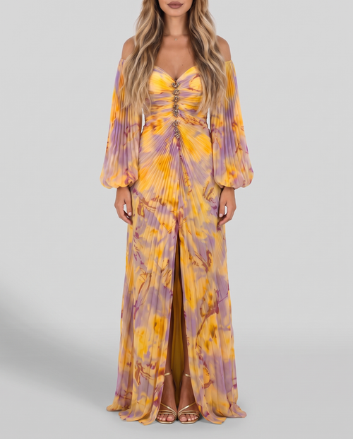 Yellow and lilac floral pleated off-shoulder maxi evening gown with balloon sleeves and jewelled bodice, front view