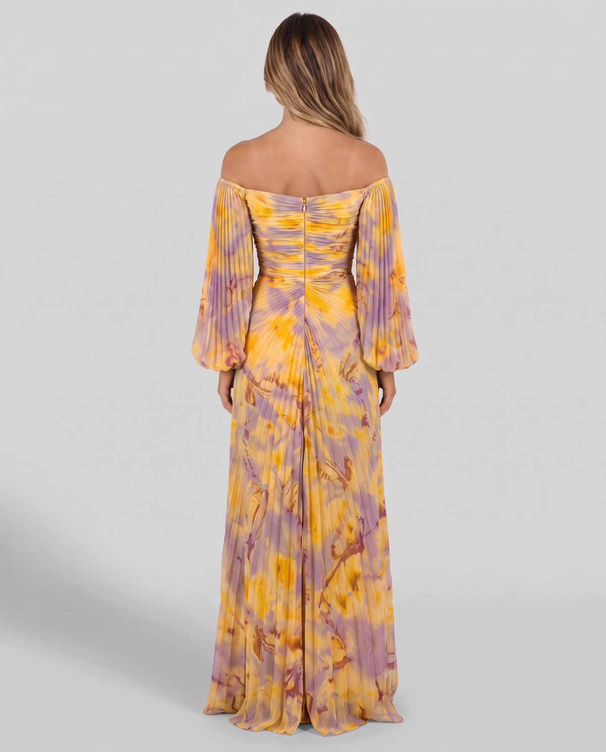 Yellow and lilac floral pleated off-shoulder gown, back view with ruched bodice and zip
