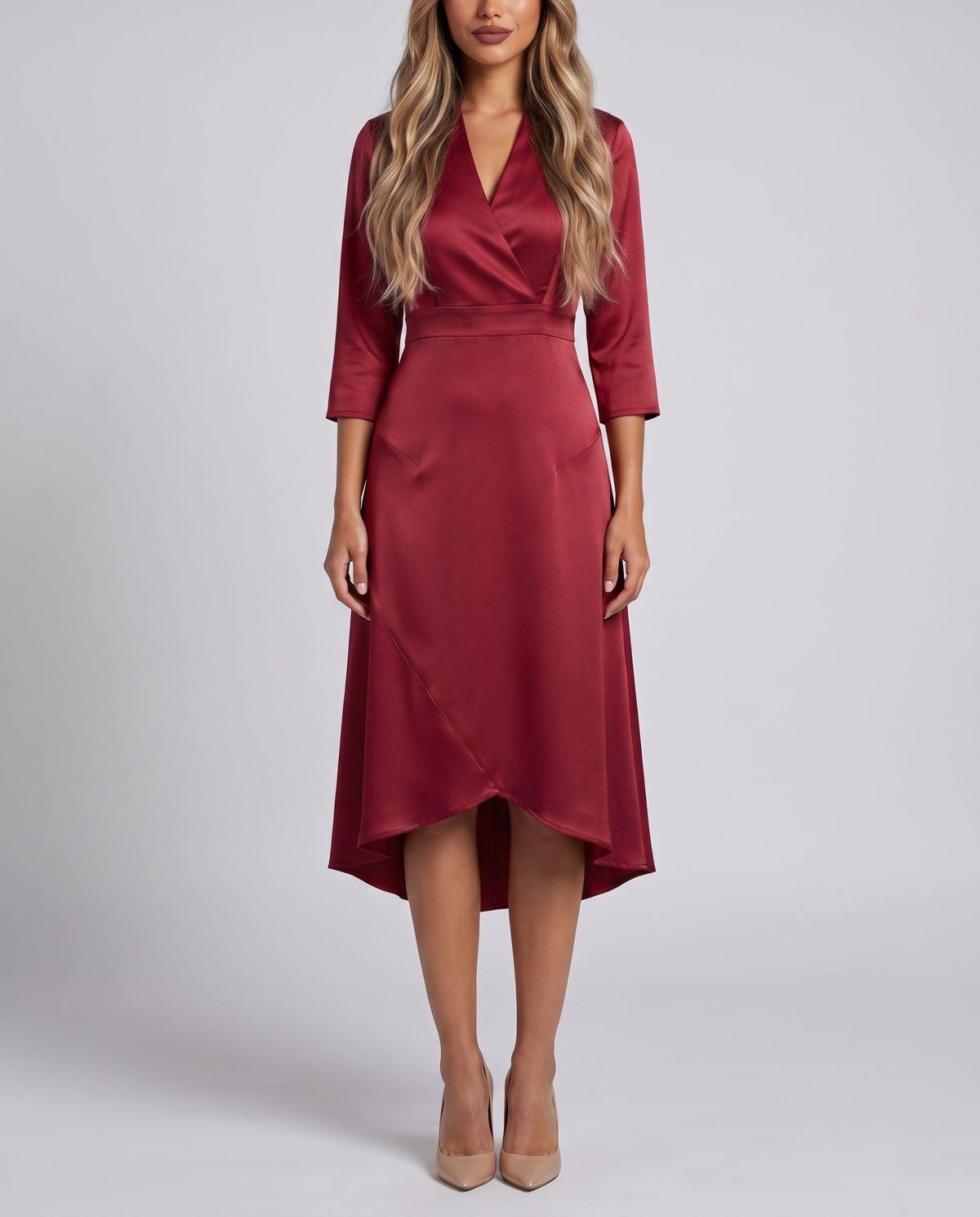 Wine red satin long-sleeve wrap midi dress with V-neck and high-low hem, front view