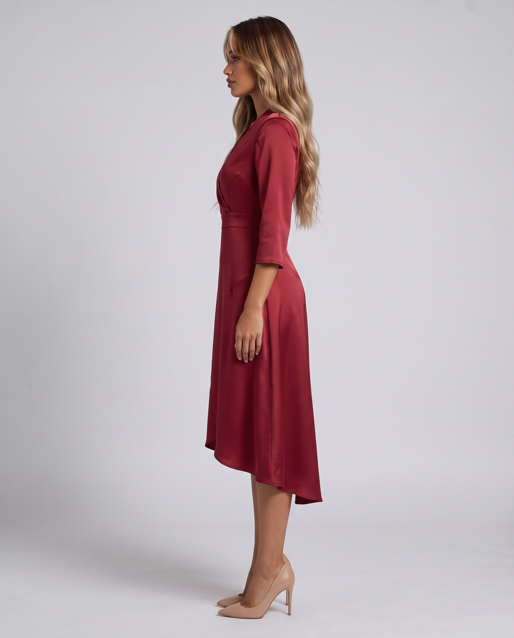 Wine red satin wrap midi dress, side view showing the high-low hem
