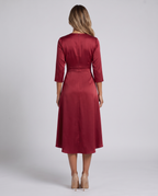Wine red satin midi dress, back view