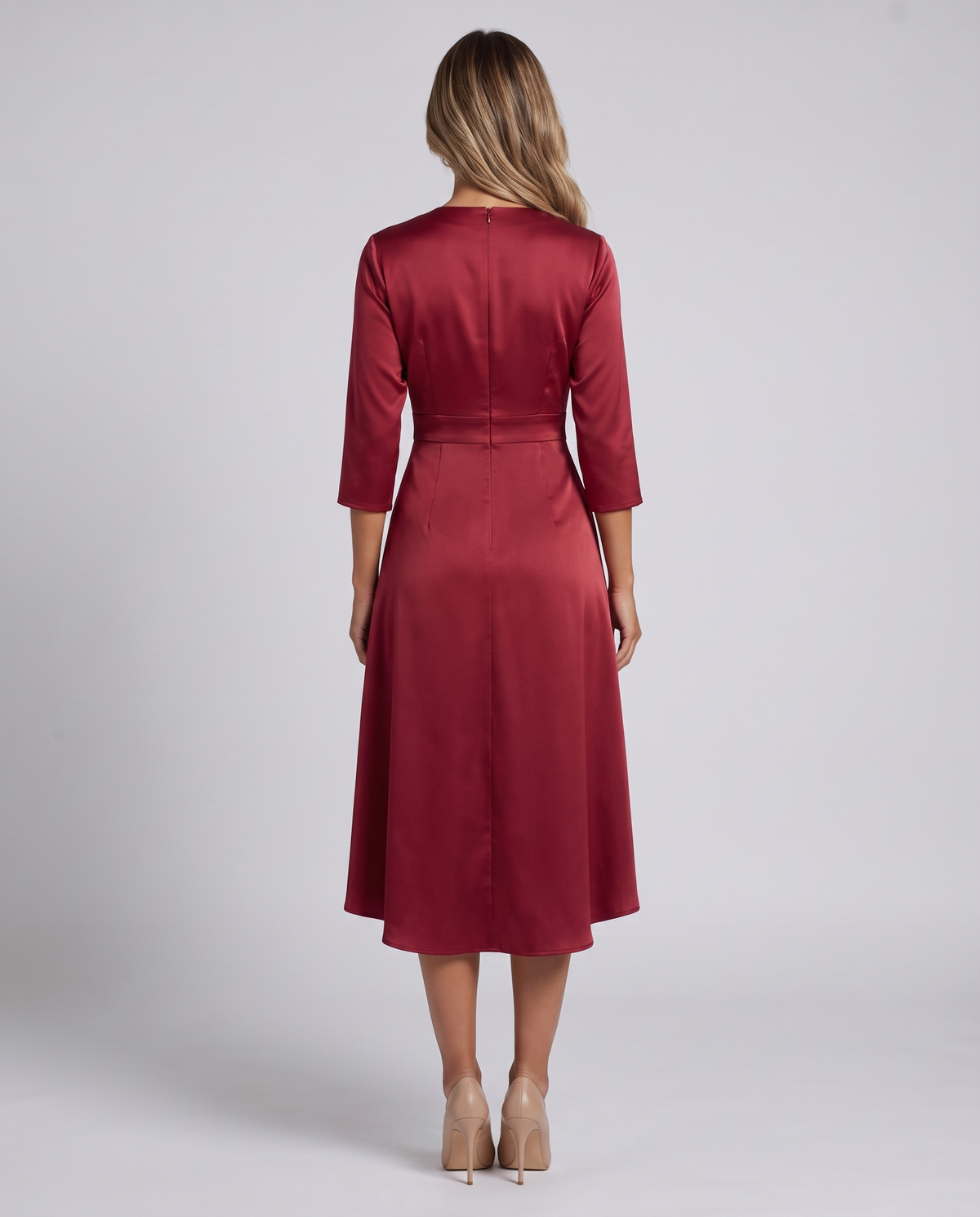 Wine red satin midi dress, back view