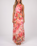 Pink and coral floral halter neck maxi wedding guest gown, front view