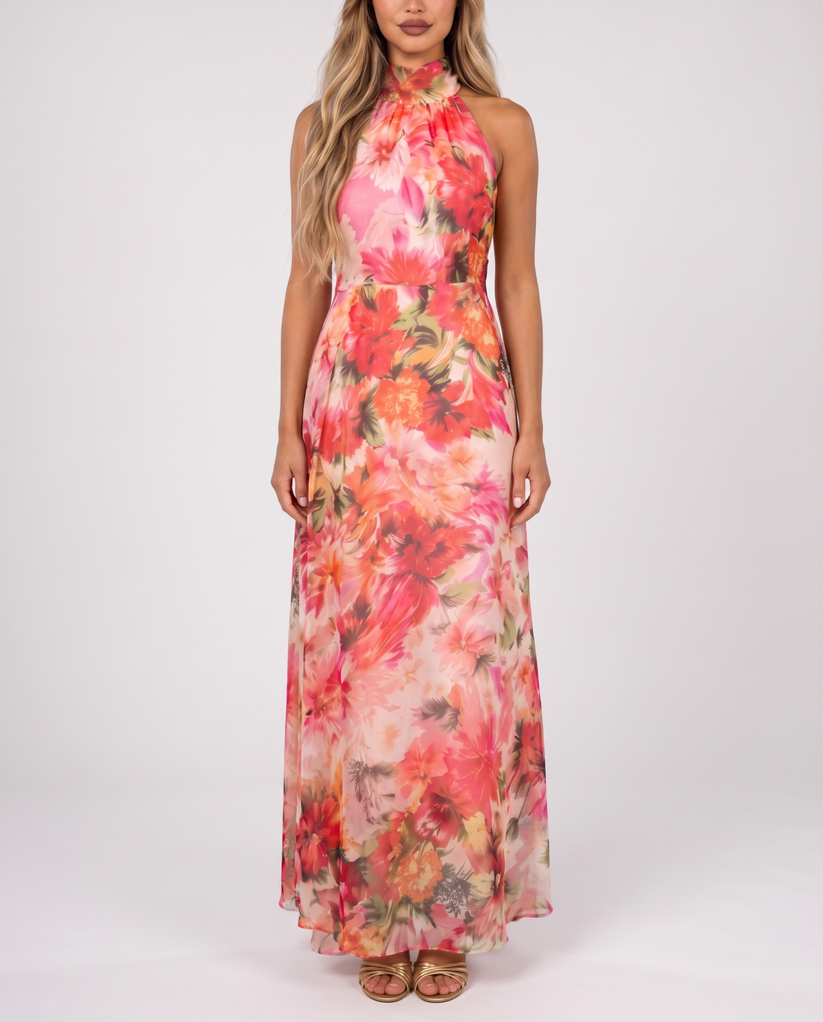 Pink and coral floral halter neck maxi wedding guest gown, front view