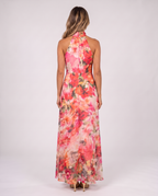 Pink and coral floral halter maxi gown, back view with bare shoulders