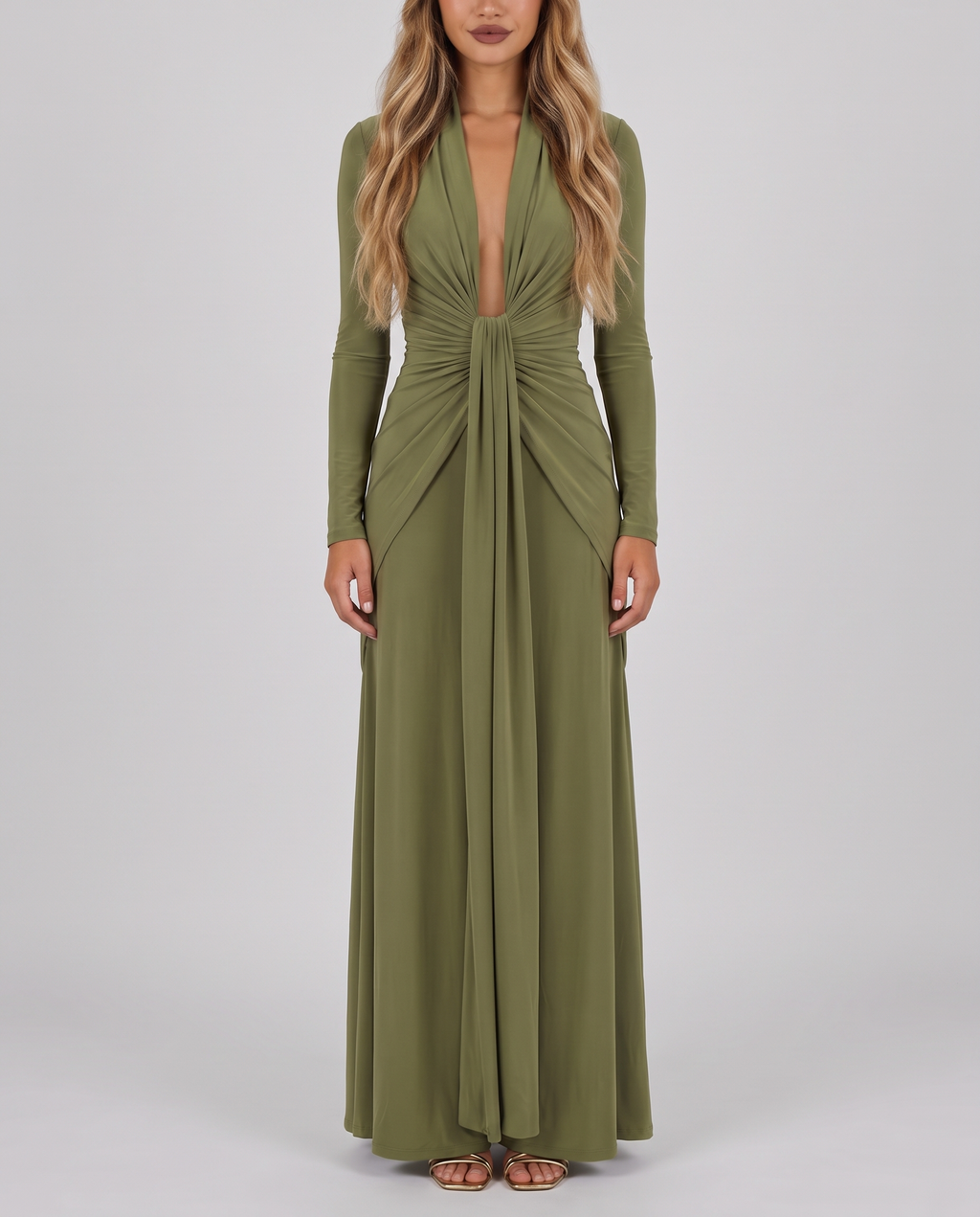 Olive green silky stretch maxi dress with plunging V-neck, long sleeves and ruched waist, front view
