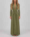 Olive green silky stretch maxi dress with plunging V-neck, long sleeves and ruched waist, front view
