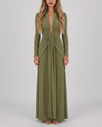 Olive green silky stretch maxi dress with plunging V-neck, long sleeves and ruched waist, front view