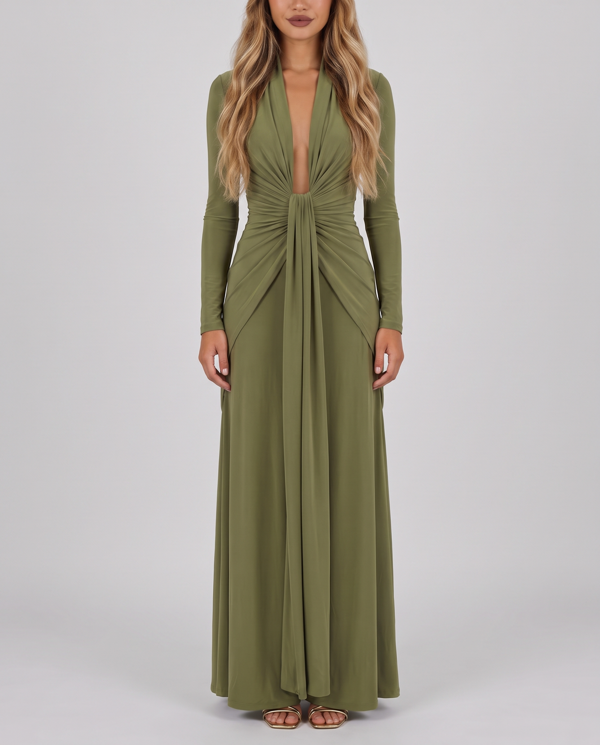 Olive green silky stretch maxi dress with plunging V-neck, long sleeves and ruched waist, front view