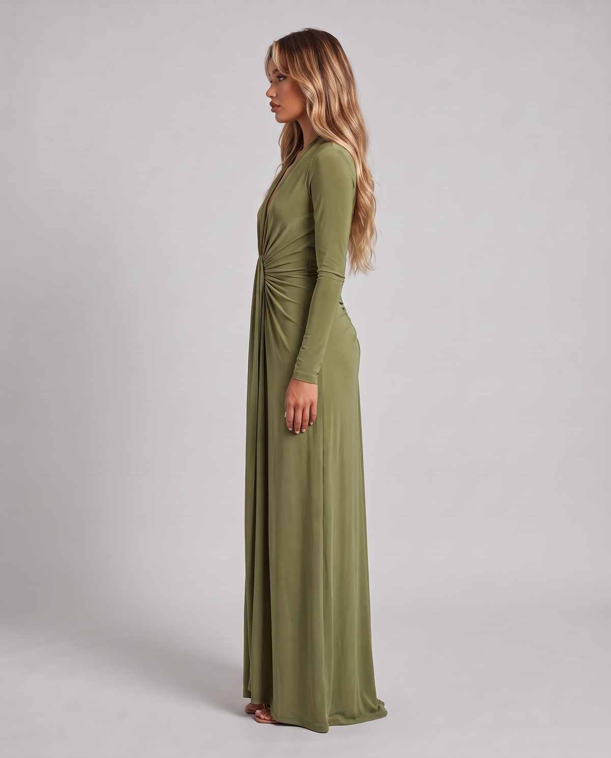 Olive green long-sleeve maxi dress, side view